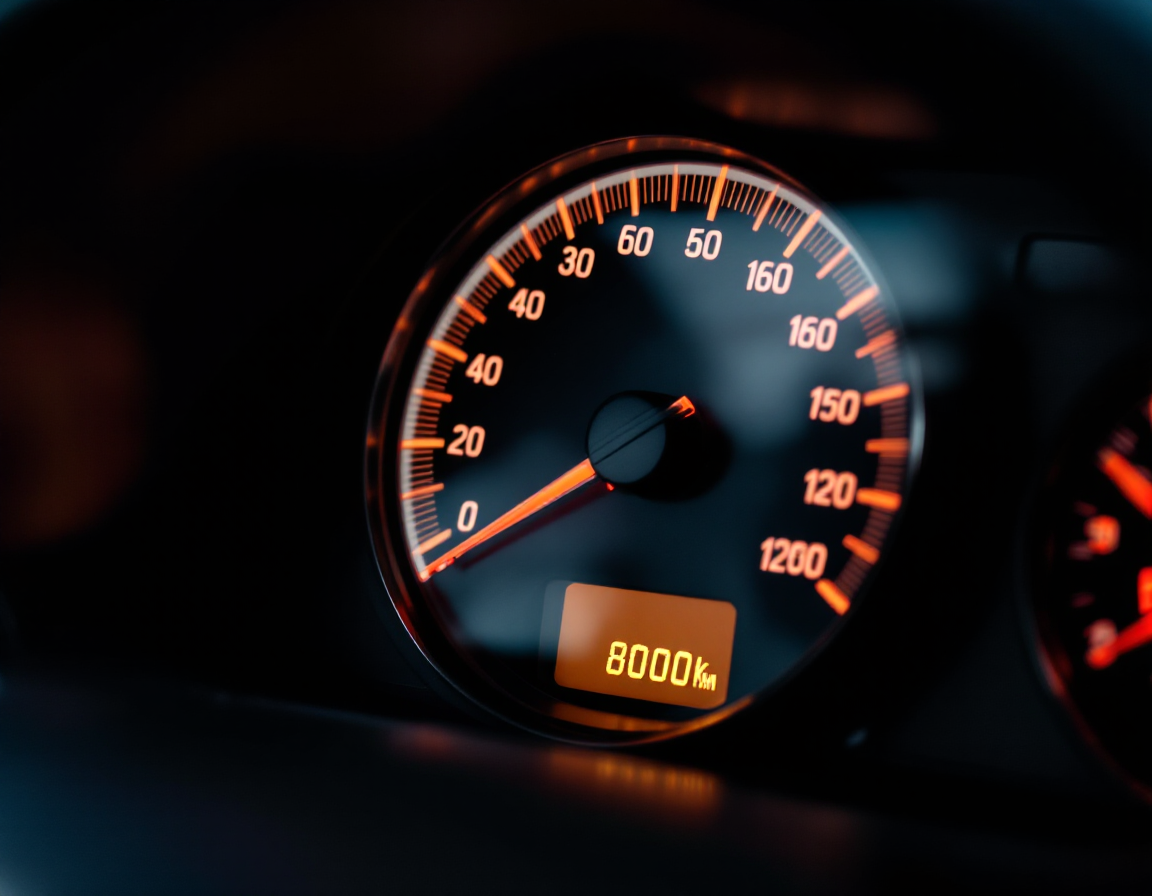 Dashboard odometer reading showing approximately 8,000 kilometres, photographed in close detail inside a car interior.